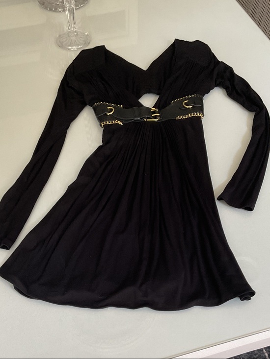 Sky Dresses & Skirts - Sky Black Long-Sleeve V-Neck Dress with Gold-Accent Waist